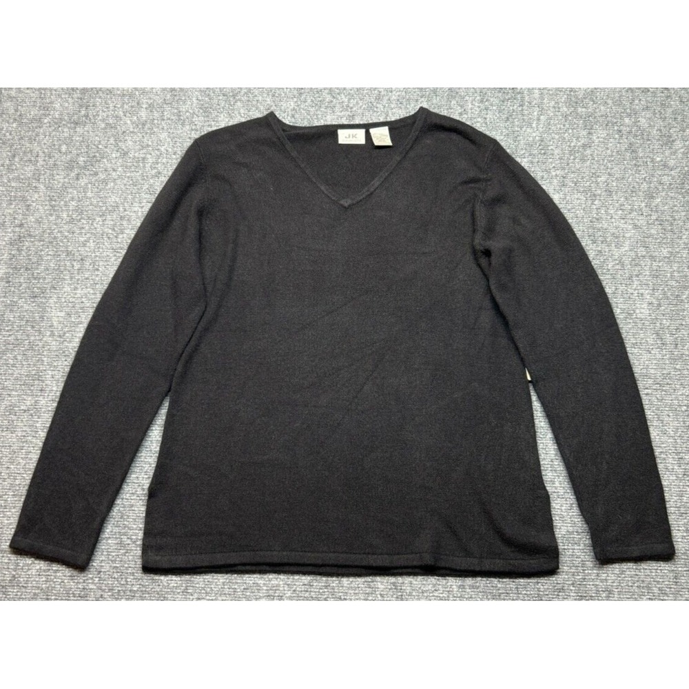 JK Intimates Sweater Womens Petite L Black Acrylic Solid V-Neck Long Sleeve New